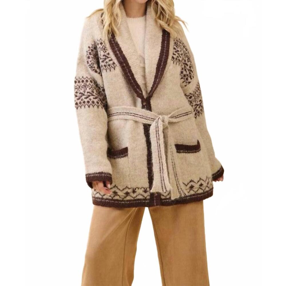 NEW LOVELO fuzzy knit belted cardigan in mocha multi